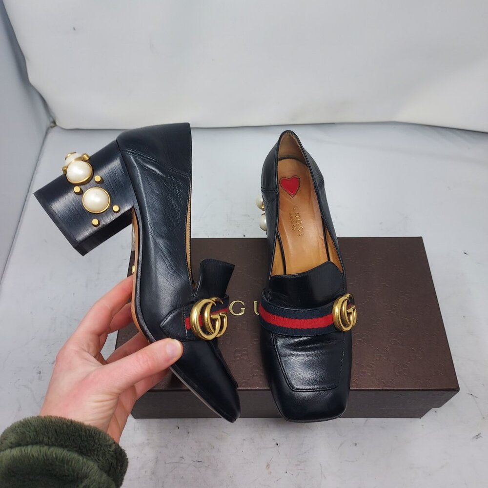 GUCCI BLACK GG PEYTON PEARL LEATHER HEEL SHOE - Picture 1 of 11